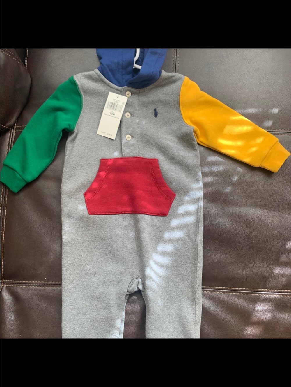 Ralph Lauren Colorblock Hooded Baby Romper - Grey with Green, Yellow & Red